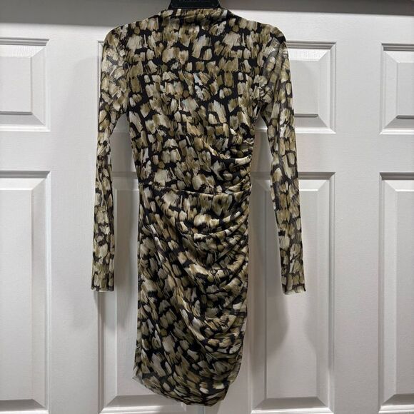 ZARA Green and Black Printed Tulle Ruched Bodycon Dress Size S - Picture 3 of 14